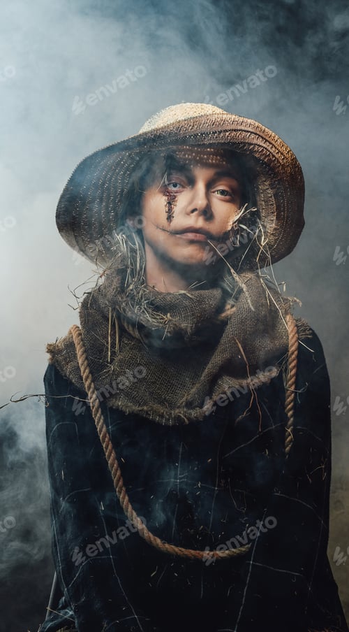 Preview: Ragged woman with make up posing with straw hat