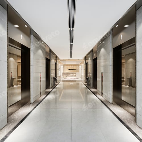 Preview: modern steel elevator lift lobby in business hotel with luxury design near corridor