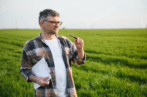 Preview: A young farmer inspects the quality of wheat sprouts in the field. The concept of agriculture.