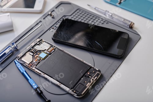 Preview: Two Damaged Phones Displayed on Table in Electronic Repair Workshop