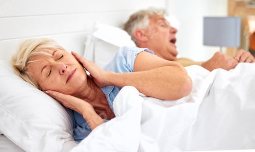 Preview: Snoring, problem and woman with frustrated with noise, sound or husband sleeping in bed with wife.