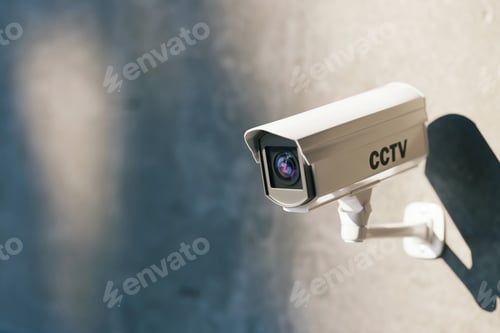 Preview: Modern white CCTV security camera mounted on a concrete wall