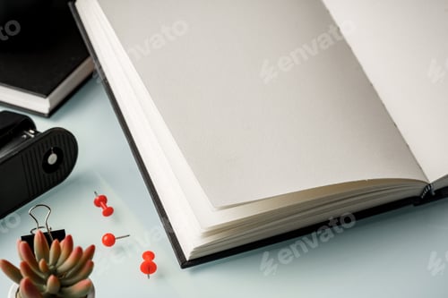 Preview: Open notepad and red pushpins on the table