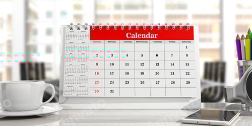 Preview: Calendar and a cup of coffee, office background. 3d illustration