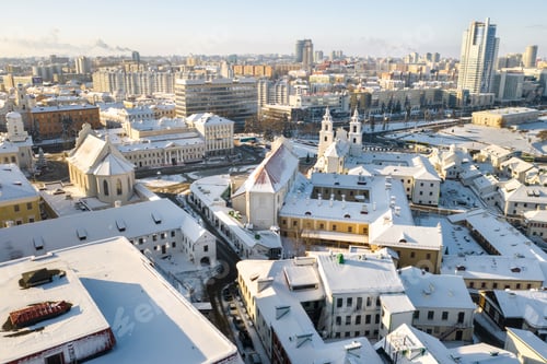 Preview: Snow-covered city center of Minsk from a height. The upper city. Belarus