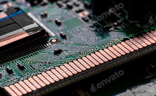 Preview: Close up of components and microchips on PC circuit board