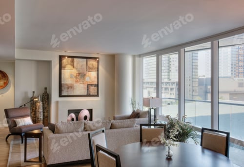 Preview: Living room and dining room in luxury highrise apartment