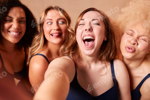 Preview: Group Of Diverse Body Positive Women Friends In Underwear Posing For Selfie On Mobile Phone