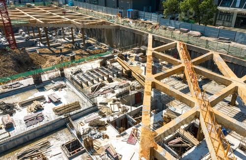 Preview: Aerial shot of the construction site in the summer morning.