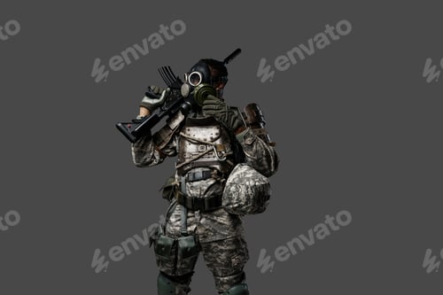 Preview: Modern soldier of african ethnic with rifle and gas mask
