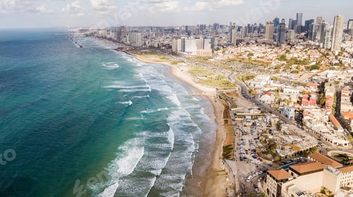 Preview: aerial view of big city with sandy seashore and wavy sea, Tel Aviv, Israel