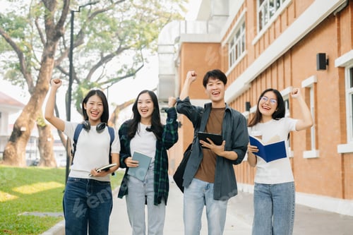 Preview: Young Asian college students and a female student group work at the campus park