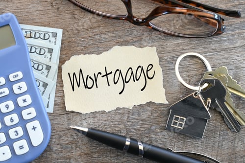 Calculator, Keys, and Mortgage Finance Concept on Wood