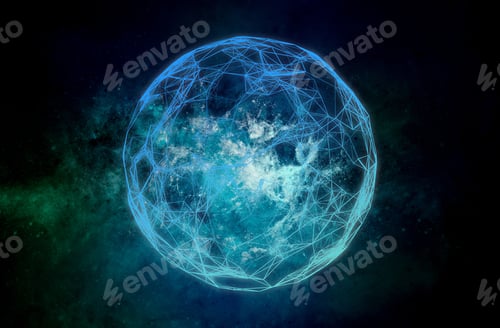 Preview: Blue polygonal sphere on black space background with nebula