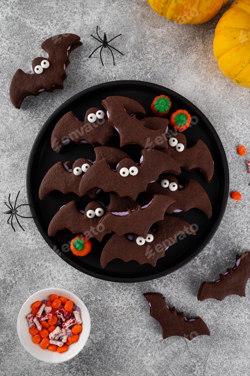 Preview: Halloween cookies. Chocolate sandwich cookies in the shape of a bat with eyes and butter cream