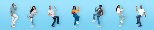 Preview: Emotional multiethnic millennials celebrating success on blue, banner