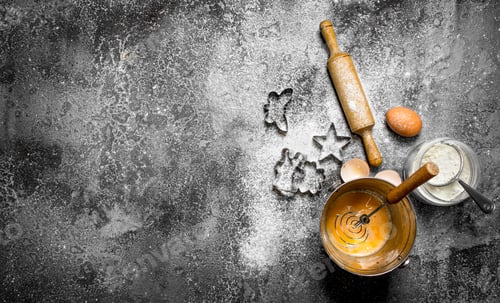 Preview: Baking background. Ingredients for the preparation of the biscuits for baking.