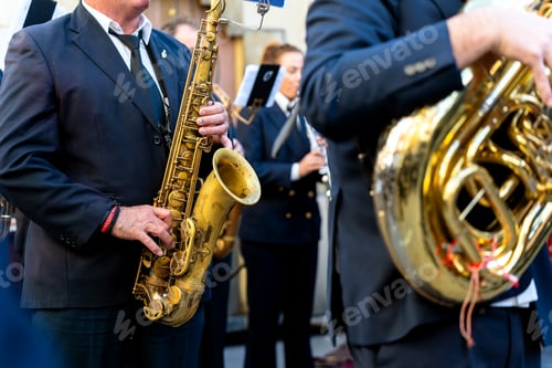 Preview: Band musicians with their instruments on the street. Typical music bands in Spain.