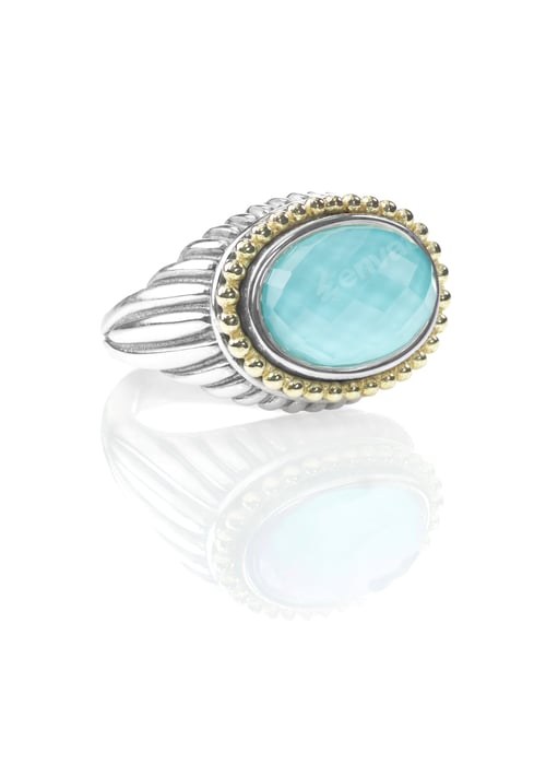 Vista previa: Anillo moderno de corte cojín, turquesa, duotono, plateado y dorado