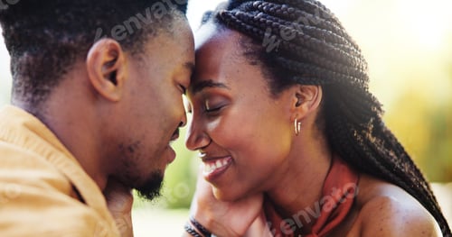 Preview: Love, forehead touch and black couple in park together for bonding, relationship and affection in n