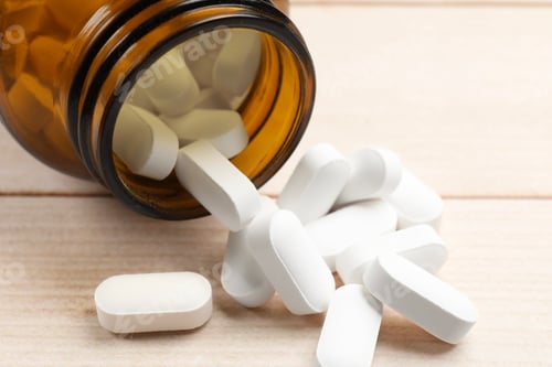 Preview: Bottle and vitamin pills on wooden table, closeup