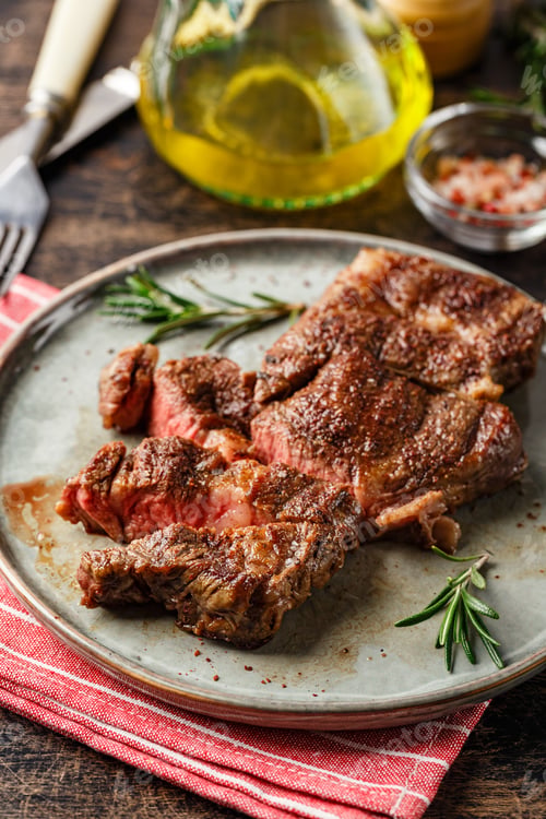 Preview: Two beef steak on dark gray background