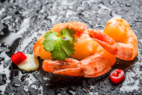 Preview: Closeup of shrimps on black rock with water drops