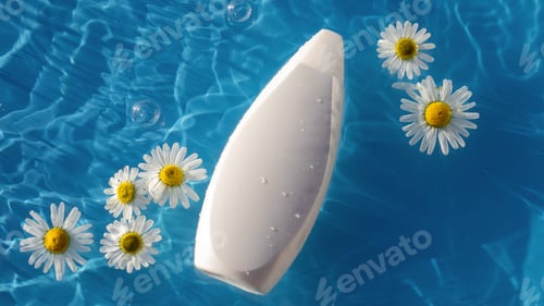 Preview: Mockup of cosmetic product for routine body and hair care on blue water surface with daisies around