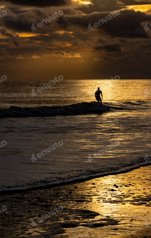 Preview: Surfer silhouette at golden sunset beach.