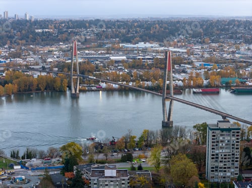 Preview: Cable-Stayed Bridge Over Fraser River With Autumn Cityscape Of New Westminster, Greater Vancouver