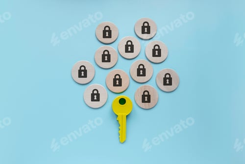 Preview: Security and protection concept. A yellow key among a padlock symbol.