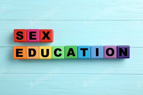Preview: Colorful wooden blocks with phrase "SEX EDUCATION" on light blue background, flat lay