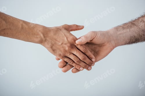 Preview: Cropped view of men shaking hands isolated on grey