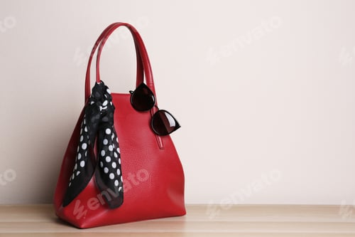 Preview: Stylish red woman's bag, scarf and sunglasses on wooden table. Space for text