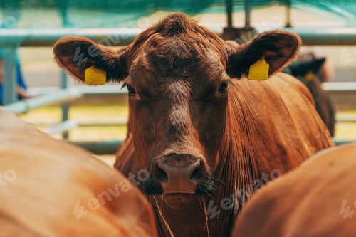 Preview: Portrait of dairy farm cow looking at camera