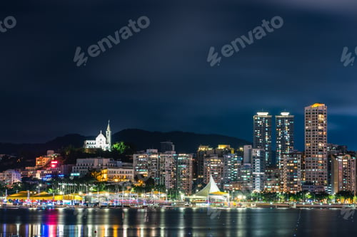 Preview: Macau city modern building landscape or cityscape at night, Casino of Asia travel landmark