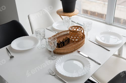 Preview: Cozy home decor on the dining table with glasses and dishes