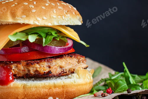 Preview: Burger Meat Cutlet Beef Steak, Tomato, Sauce And Lettuce (Tasty Meat Snack Sandwich) Menu Concept