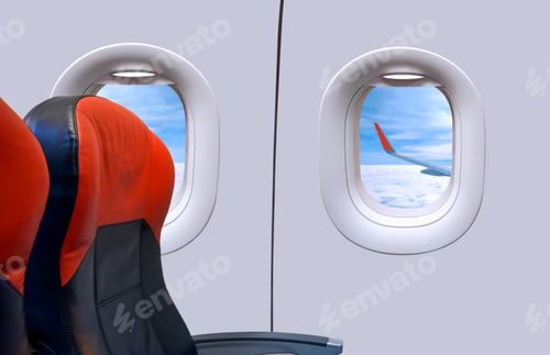 Preview: Windows and passenger Seats in airplane cabin while the plane flying over white clouds with blue sky