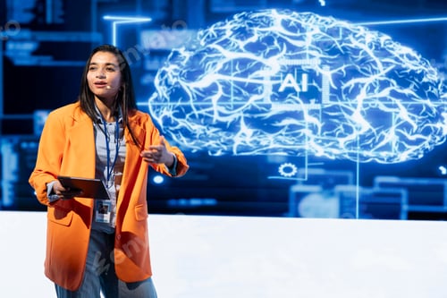 Preview: Cheerful engineer holding presentation at AI tech summit using tablet