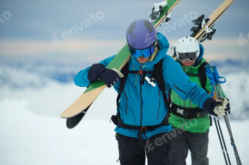 Preview: Landscape with male skiers trudging in snow, Alpe-d'Huez, Rhone-Alpes, France