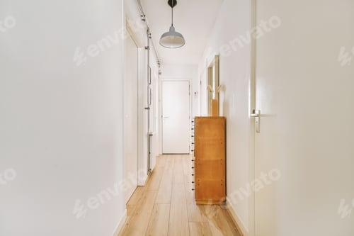 Preview: Narrow corridor with doors and lamp