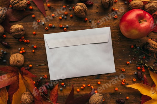 Preview: Autumn mail envelope flat lay mock up