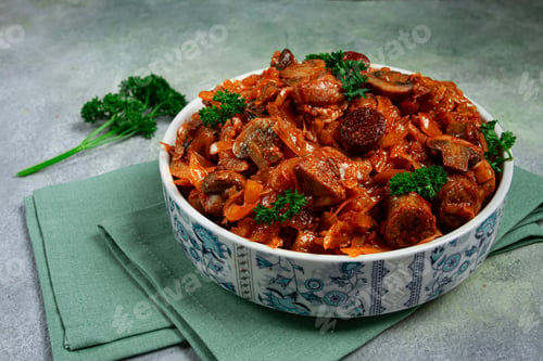 Preview: Bigos, bigus is a national Polish dish, made of cabbage and meat, stewed, homemade, no people,