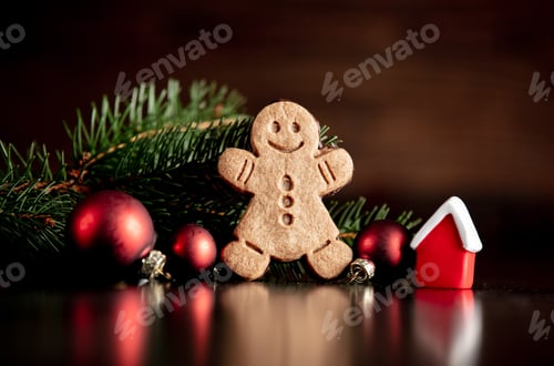 Preview: Little house toy and gingerbread man on wooden table