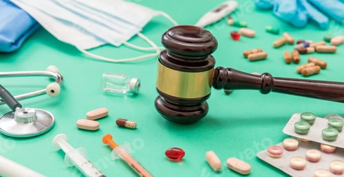 Preview: Health Medicine and Law. Judge gavel and medication on green background, close up