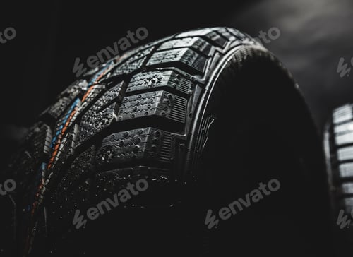 Preview: Close-up view of winter tire showcasing tread design and texture in low-light setting