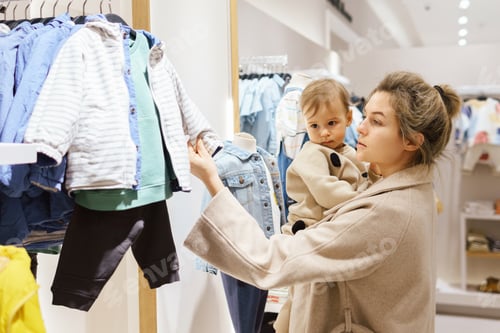 Preview: Woman with her baby son choosing clothing in clothes store