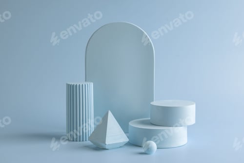 Preview: Empty blue podiums on blue background. Gypsum podium for the presentation of cosmetic products