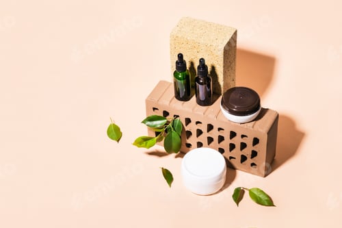 Preview: Isometric view of trendy composition made of bricks and Natural cosmetic products in earthy colors